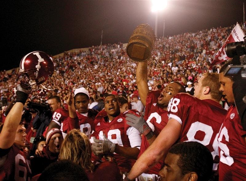 Members of the football team celebrate after winning the Oaken Bucket game against Purdue on Saturday, Nov. 17, 2007. Head coach Bill Lynch, who led the team to a 7-5 record and a likely bowl appearance, recently signed an agreement to remain head coach through July 1, 2012.