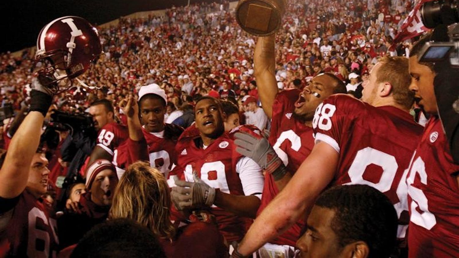 Members of the football team celebrate after winning the Oaken Bucket game against Purdue on Saturday, Nov. 17, 2007. Head coach Bill Lynch, who led the team to a 7-5 record and a likely bowl appearance, recently signed an agreement to remain head coach through July 1, 2012.