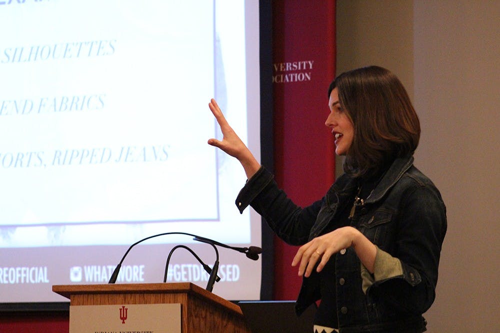 IU grad and What I Wore blog founder Jessica Quirk spoke on Wednesday night at the IUAA Devault Center.  "Dress not only for your workplace but who you're interacting with," she said.  Her presentation was meant to help students adjust their wardrobe for what is expected in their future careers.