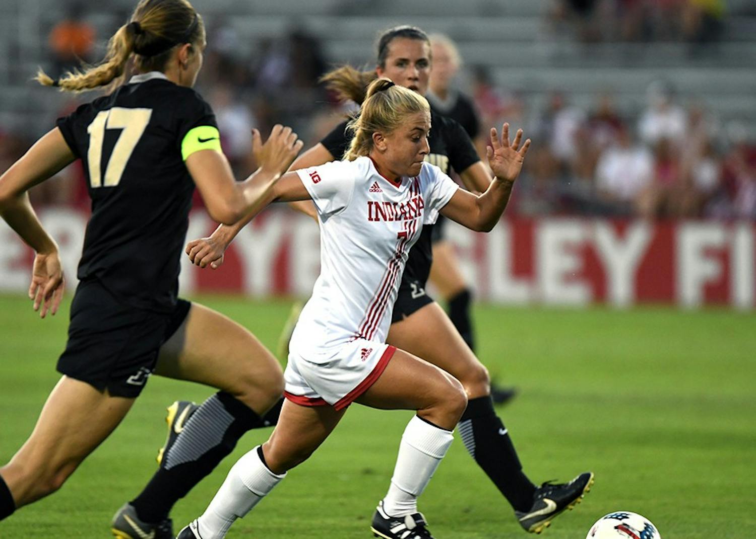 Senior midfielder Kayla Smith drives toward the Purdue goal on Sept. 23 at Bill Armstrong Stadium. Smith played her final game with IU Thursday night as the Hoosiers lost 2-1 at No. 13 Ohio State.