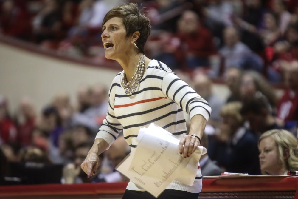 <p>IU women’s basketball coach Teri Moren screams instructions at her team Jan. 16 in the first half of its game against Northwestern on at Simon Skjodt Assembly Hall. IU will face Rutgers at 7 p.m. Jan. 31.&nbsp;</p>