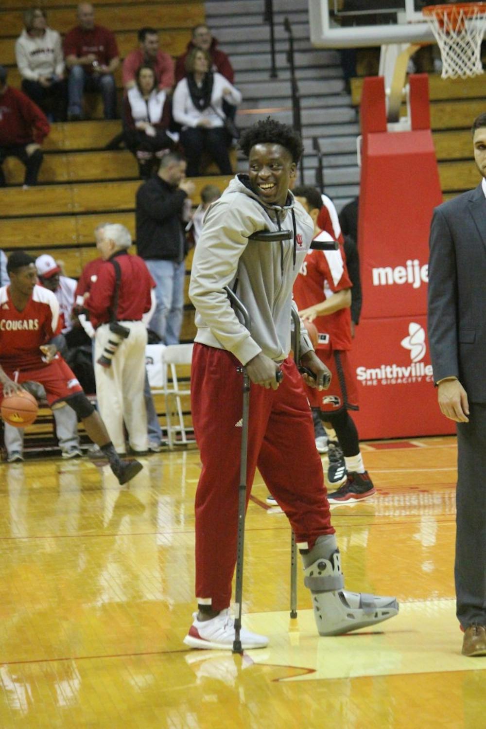 Sophomore forward OG Anunoby stands at center court&nbsp;pregame against SIU-Edwardsville. Anunoby injured his ankle in the final moments against North Carolina Wednesday and is out indefinitely with an ankle injury.