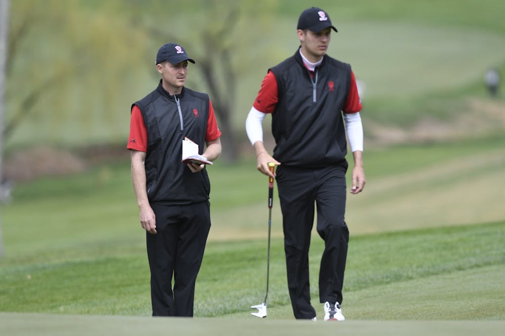 <p>IU men&#x27;s golf assistant coach Corey Ziedonis and then-junior Evan Gaesser attend the Big Ten Men&#x27;s Golf Tournament on April 27, 2018, at Baltimore Country Club in Baltimore, Maryland. IU will travel Feb. 7-8 to Hammock Beach, Florida, for the Big Ten Match Play Championship.</p>