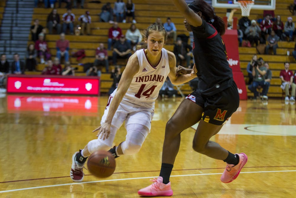 <p>Redshirt junior Ali Patberg drives to the basket Feb. 6 at Simon Skjodt Assembly Hall. IU led Maryland at the half 38-32.</p>