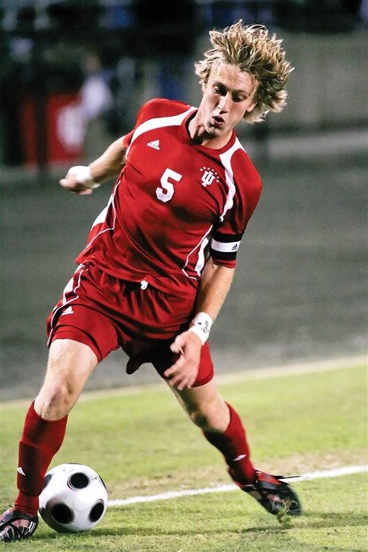 Senior midfielder Brad Ring keep the ball from heading out of bounds during the Hoosiers 1-0 win over Louisville on Oct. 22 at Bill Armstrong Stadium.