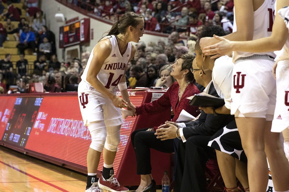 <p>Redshirt junior Ali Patberg talks to IU women’s basketball head coach Teri Moren after coming out of the game against Purdue on Jan. 9 at Simon Skjodt Assembly Hall﻿. IU won 59-54 Feb. 13 against University of Illinois at Urbana–Champaign.</p>