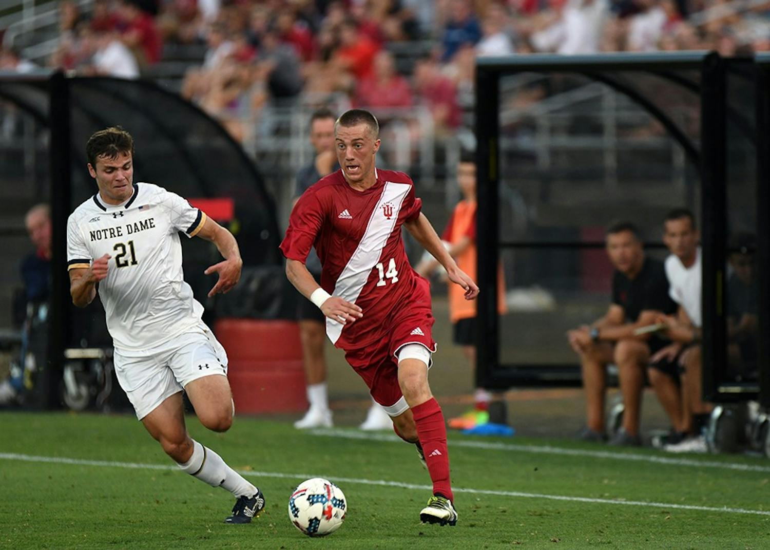 Freshman midfielder Griffin Dorsey runs toward the Notre Dame goal on Sept. 26 at Bill Armstrong Stadium. Dorsey was one of eight Hoosiers recognized by the Big Ten Conference on Friday.&nbsp;
