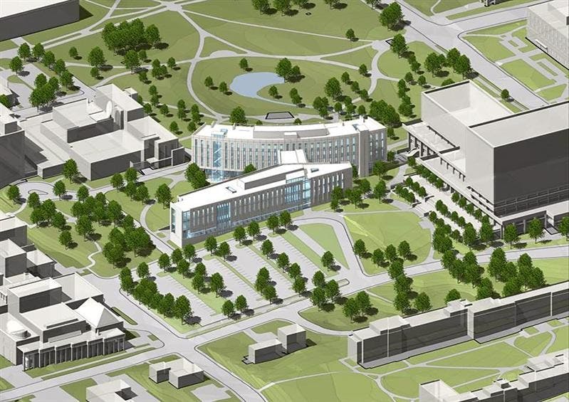 This is a computer-generated rendering of what the International Studies building would look like upon completion.