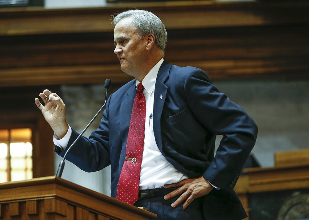 Sen. Jimmy Merrett, R-District 31, speaks in the Indiana State House senate chambers in Indianapolis on Tuesday. Merritt said he plans to propose legislation imposing a mandatory 10-year-minimum sentence on drug dealers caught bringing fentanyl-laced narcotics into the state.