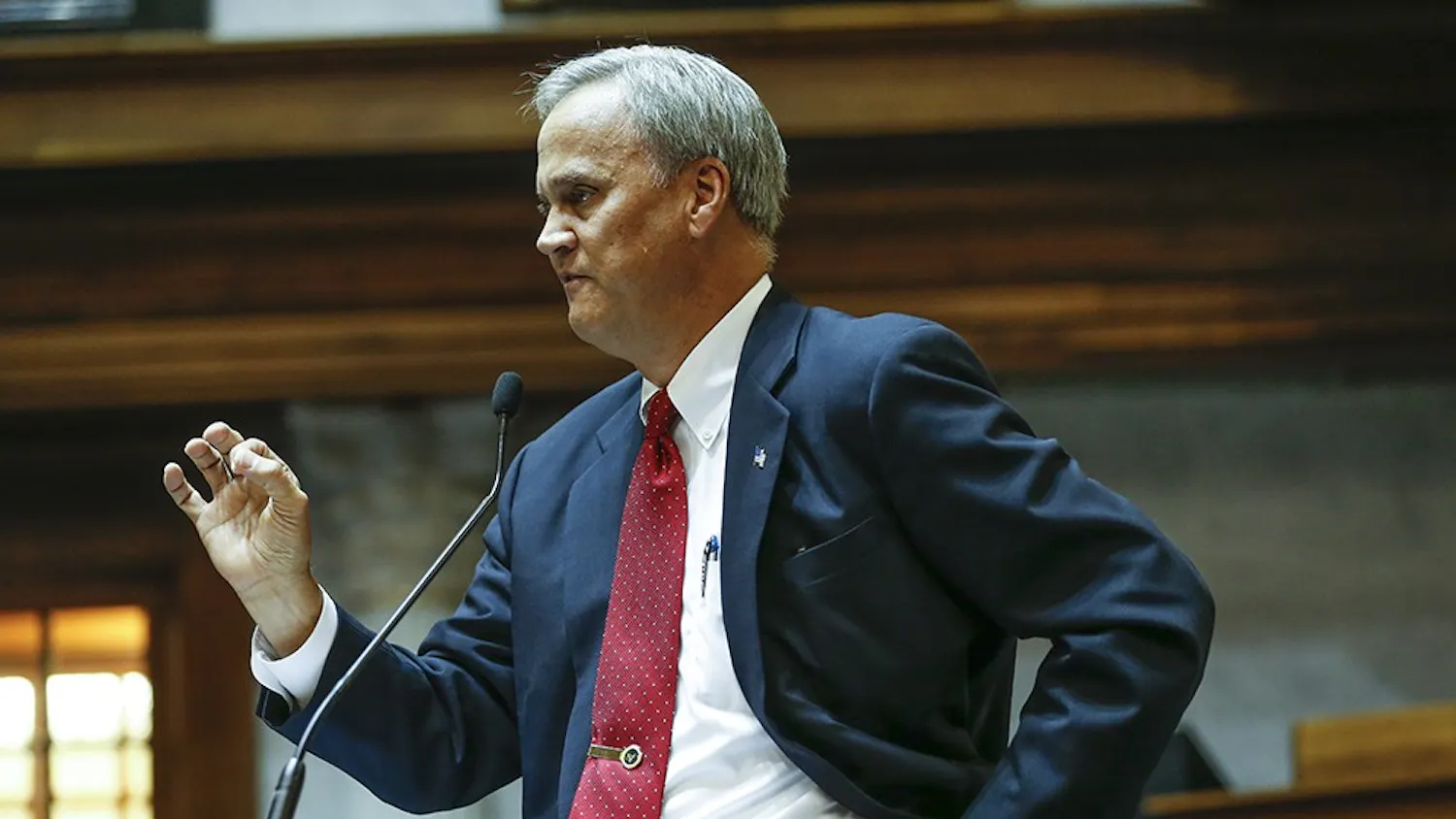 Sen. Jimmy Merrett, R-District 31, speaks in the Indiana State House senate chambers in Indianapolis on Tuesday. Merritt said he plans to propose legislation imposing a mandatory 10-year-minimum sentence on drug dealers caught bringing fentanyl-laced narcotics into the state.
