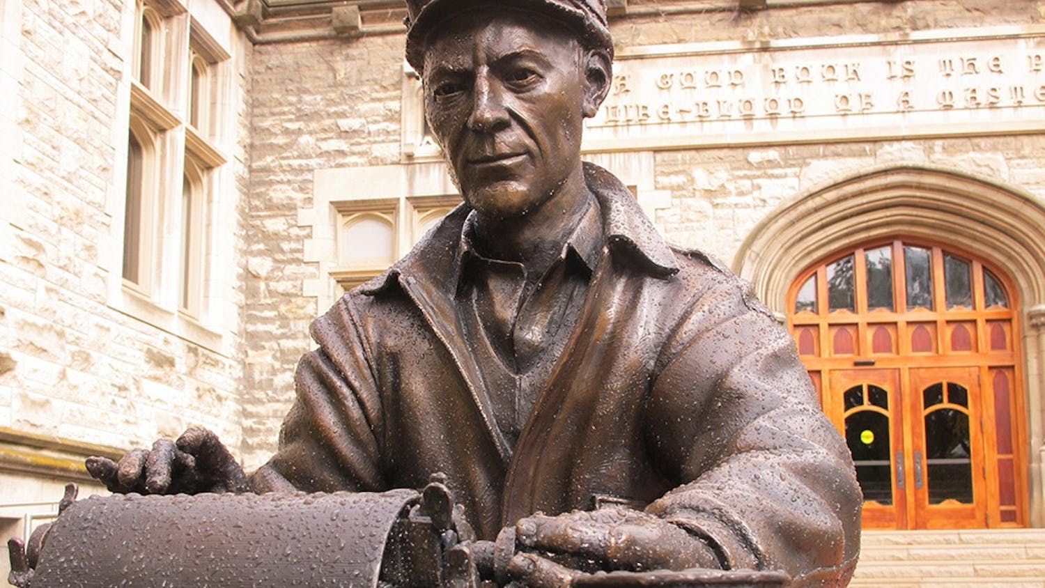 A statue of alumnus and World War II correspondent Ernie Pyle typing on his typewriter was installed in front of Franklin Hall in 2014. According to "Indiana University Bloomington: America’s Legacy Campus," the statue is meant to “convey how Pyle worked alongside foot soldiers at the front during WW2.” 