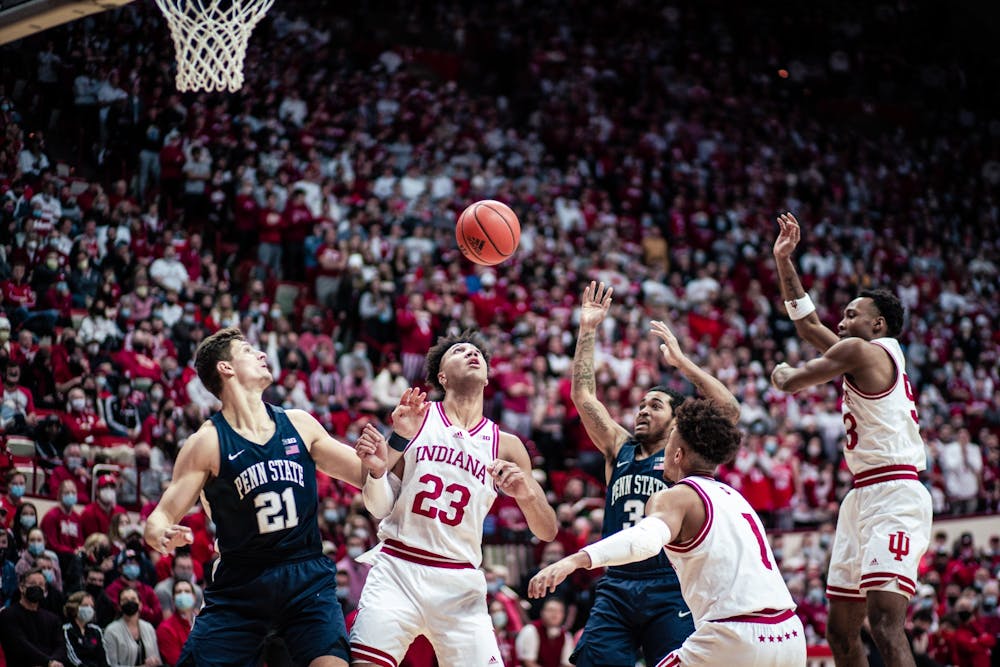 <p>Junior forward Trayce Jackson-Davis grabs a rebound during the first half against Penn State on Jan. 26th, 2022, at Simon Skjodt Assembly Hall. The Hoosiers beat the Nittany Lions 74-57.</p>