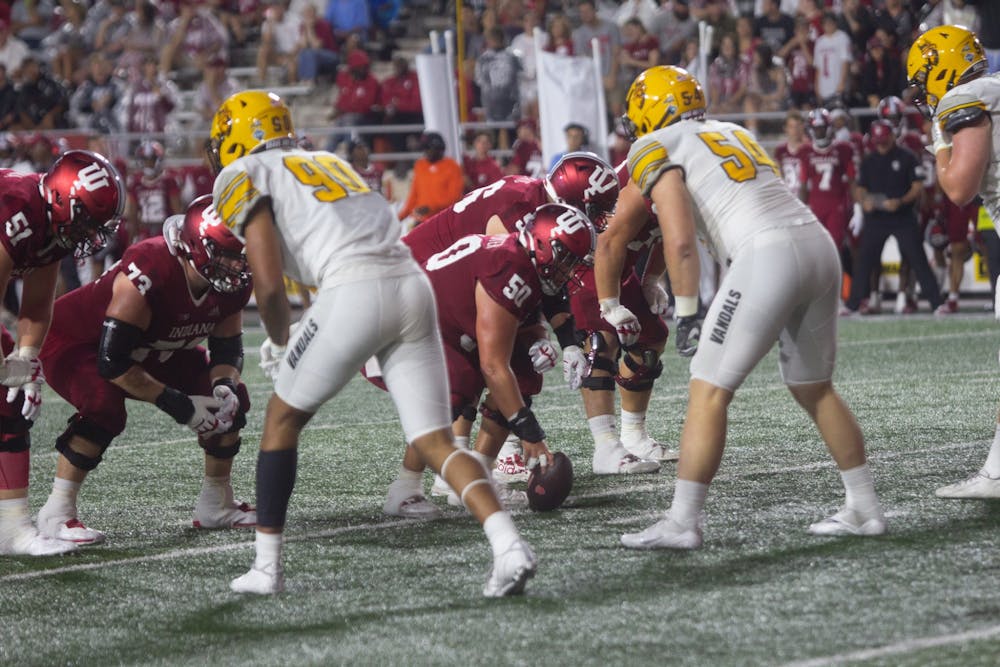 <p>Indiana&#x27;s starting line gets ready before a play against the Univeristy of Idaho on Sept. 10, 2022, at Memorial Stadium. Indiana defeated Idaho 35-22.</p>