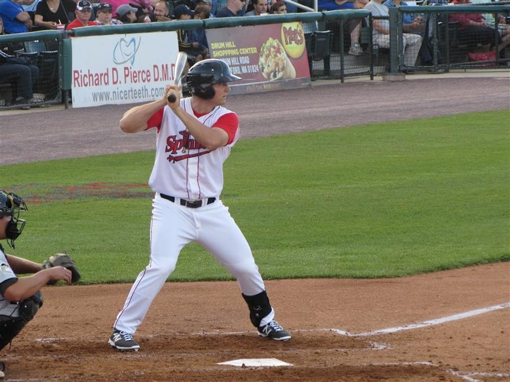 First baseman Sam Travis awaits a pitch during a game Friday June 20. Travis went 0-for-4 in his home debut with the Lowell Spinners.