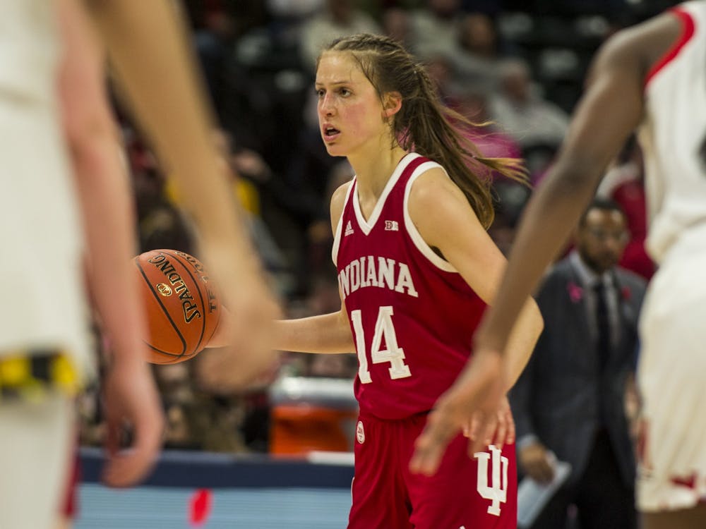 Redshirt junior Ali Patberg looks for an open teammate March 7 at Bankers Life Fieldhouse in Indianapolis. Patberg scored a team-high 16 points in IU’s 66-51 loss to Maryland in the semifinals of the Big Ten Tournament.