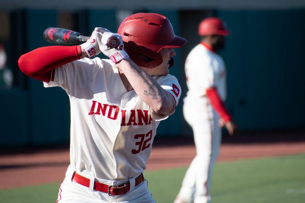<p>Sophomore third baseman Josh Pyne prepares to hit at the plate February 28, 2023, against Butler University at Bart Kaufman in Bloomington, Indiana. Indiana will play the University of Evansville Tuesday and Michigan State University Thursday. </p>