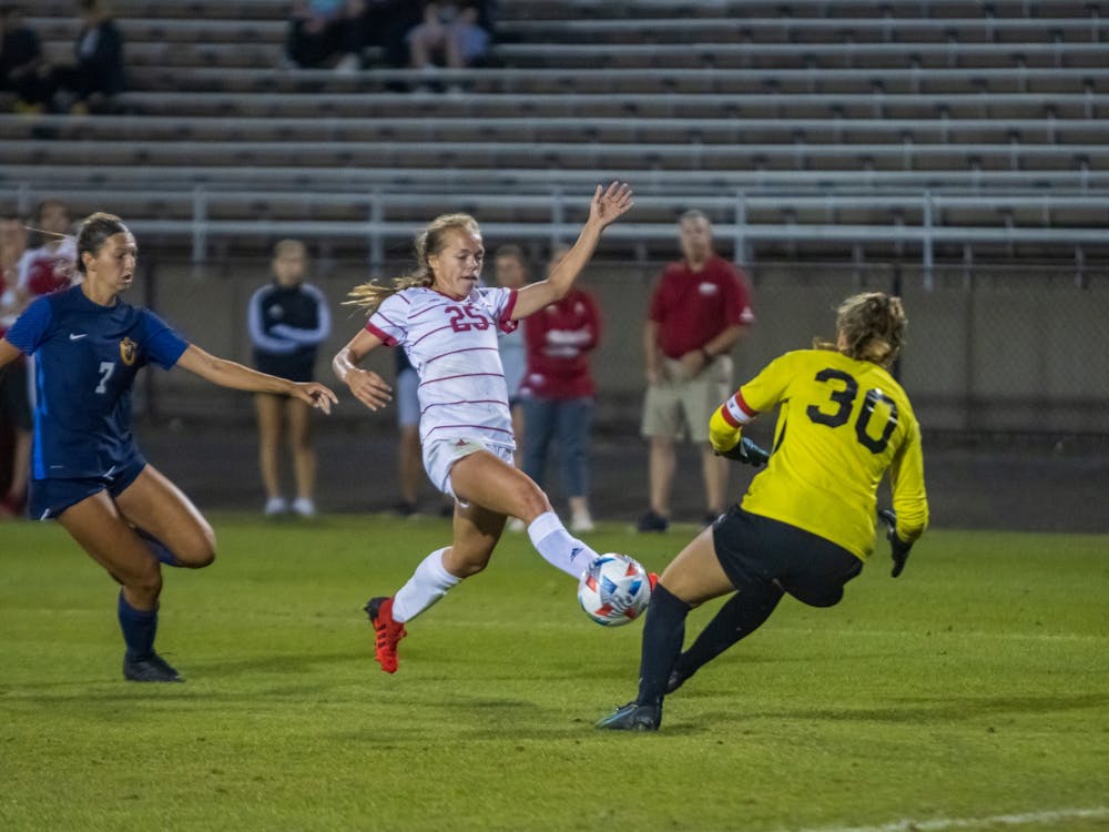 Then-junior midfielder Paige Webber scores a goal Sept. 9, 2021, at Bill Armstrong Stadium. Indiana defeated Trine University 5-0 Wednesday night, ending its five-game streak of scoreless draws.