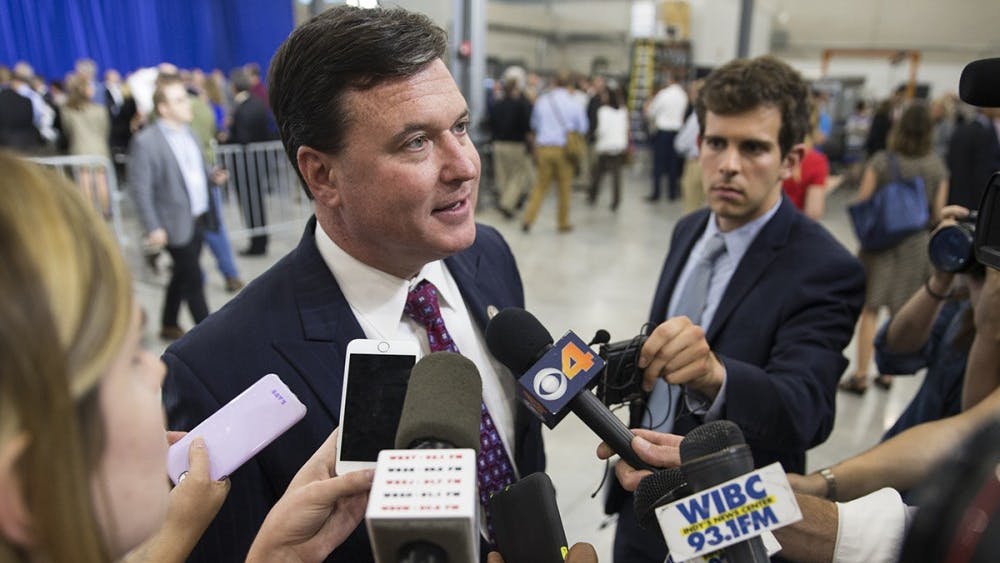 Rep. Todd Rokita speaks with the press after hearing Vice President Mike Pence speak at the Wylam Center of Flagship East on Sept. 22. Rokita, chairman of the U.S. House of Representatives subcommittee on early childhood, elementary and secondary education, will lead a hearing on opioids in communities Wednesday morning.