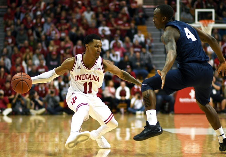 Sophomore guard Devonte Green looks to pass the ball against Penn State on Tuesday evening in Simon Skjodt Assembly Hall. Green had 13 points off the bench in IU's 74-70 win against Penn State.