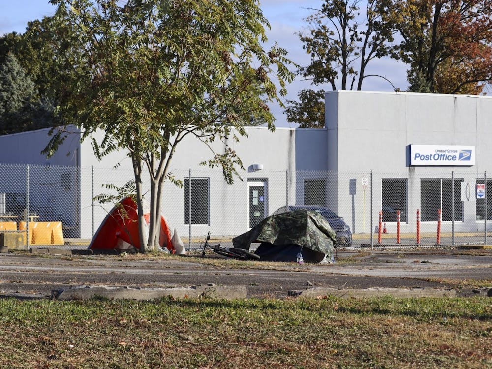 A homeless camp is seen Oct. 18, 2022, outside the United States Postal Office on South Walnut Street. The Monroe County Commissioners recently approved a spending proposal of $3,500 a day to remove the homeless camp.