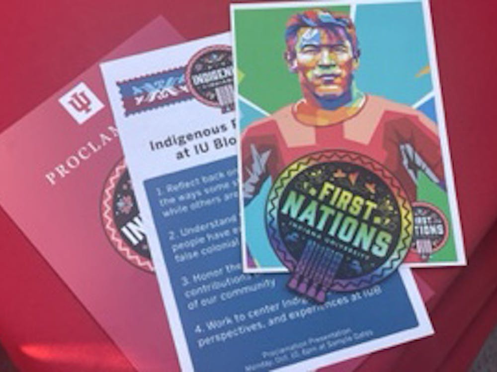 Flyers from the IU&#x27;s Indigenous Peoples&#x27; Day celebration are displayed Oct. 10, 2022. Students, faculty and community members gathered to celebrate Indigenous Peoples&#x27; Day at the Sample Gates.