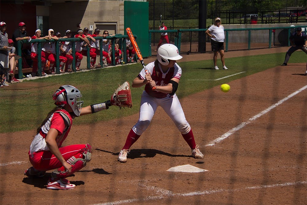 Kelsey Dotson swings at a pitch Sunday in a 5-3 win against Ohio State University at Andy Mohr Field.