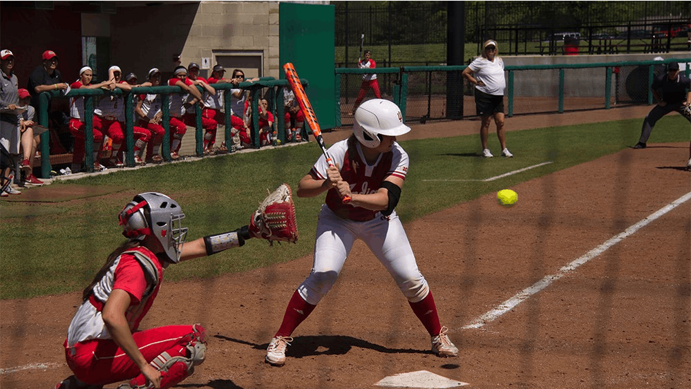 Kelsey Dotson swings at a pitch Sunday in a 5-3 win against Ohio State University at Andy Mohr Field.