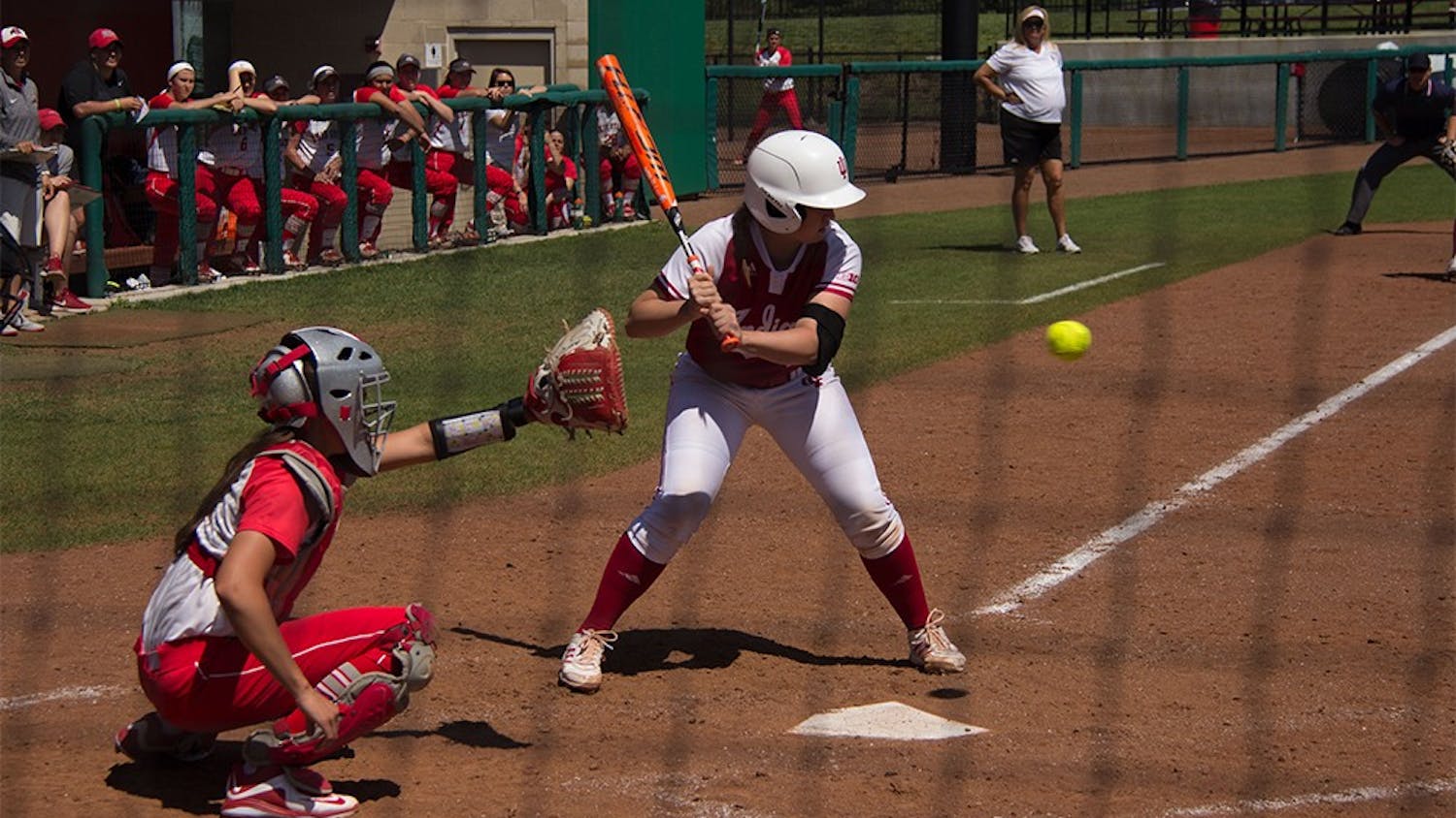 Kelsey Dotson swings at a pitch Sunday in a 5-3 win against Ohio State University at Andy Mohr Field.