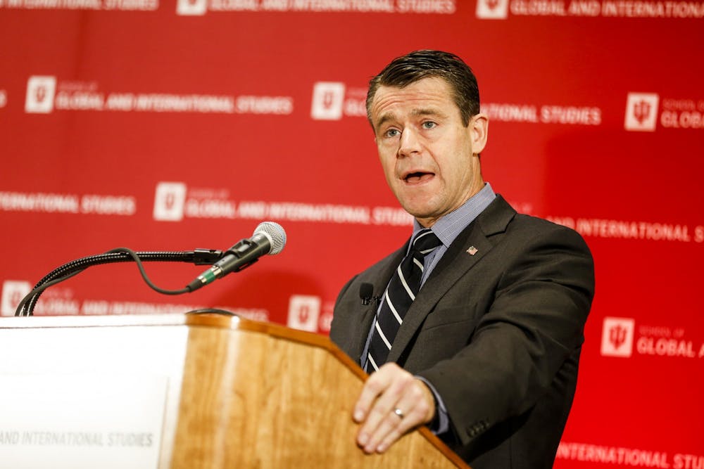 <p>Sen. Todd Young, R-Indiana, speaks to the America&#x27;s Role in the World conference audience in the School of Global and International Studies building on Thursday. Young has been reelected as U.S. senator for Indiana, according to the Associated Press.  </p>