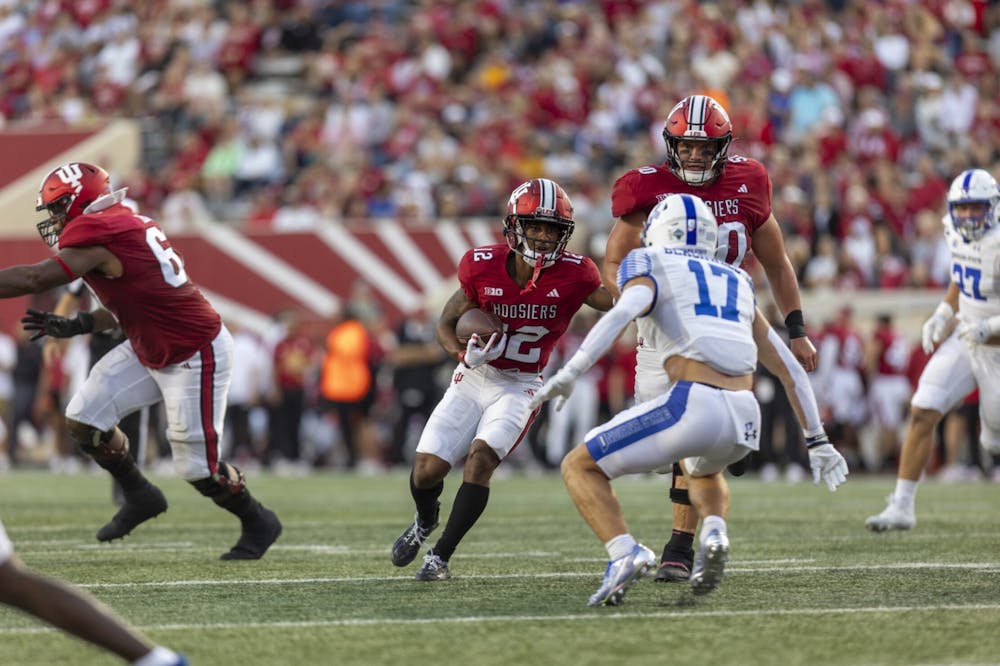 <p>Sophomore running back Jaylin Lucas runs the ball against Indiana State University Sept. 8, 2023 at Memorial Stadium in Bloomington. The Hoosiers defeated the Sycamores 41-7 Friday night.﻿</p>