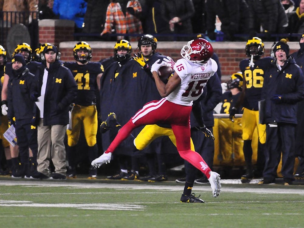 Then-sophomore wide receiver Nick Westbrook grabs a pass in midair at Michigan Stadium during a Nov. 2016 game. Westbrook is listed as one of IU's starting wide receivers for 2018.