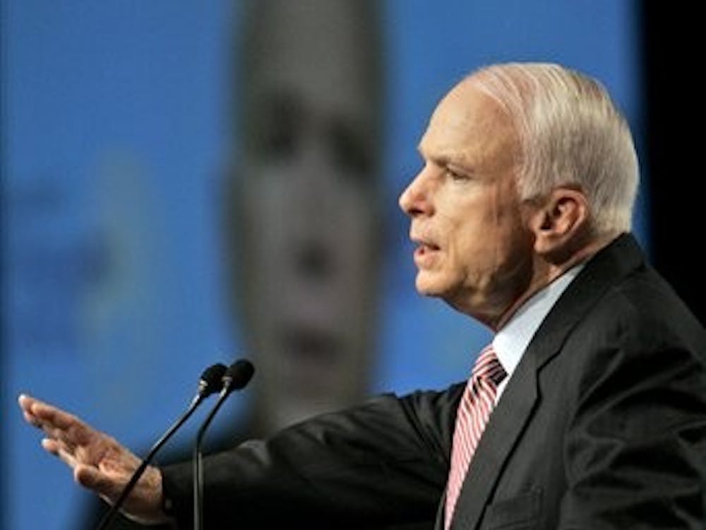Republican presidential candidate, Sen. John McCain, R-Ariz., addresses members and guests of the Los Angeles Worlds Affairs Council, Wednesday, March 26, 2008, in Los Angeles.  (AP Photo/Mary Altaffer)