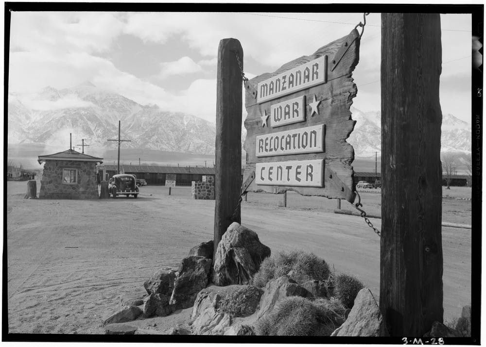 <p>This is the entrance to Manzanar Relocation Center in California in 1943, where 110,000 Japanese Americans were detained. The Monroe County Public Library screened four short films about Japanese internment during World War II on Saturday to preface its upcoming "Power of Words" event.</p>