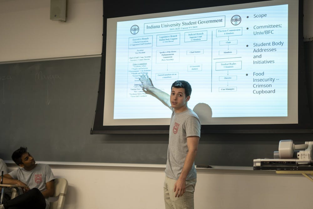 <p>Student Body Vice President Matt Stein describes his job in IU Student Government on Oct. 2 in the Lee Norvelle Theater. The IUSG executive branch will conduct a survey next week about physical fitness on IU&#x27;s campus. </p>