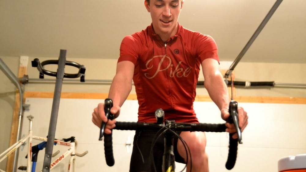 Pi Kappa Alpha Little 500 team captain Dylan Harris practices March 6 in the garage of his house. This year’s men&#x27;s Little 500, which will be April 13, will be Harris’ first as a competitor.