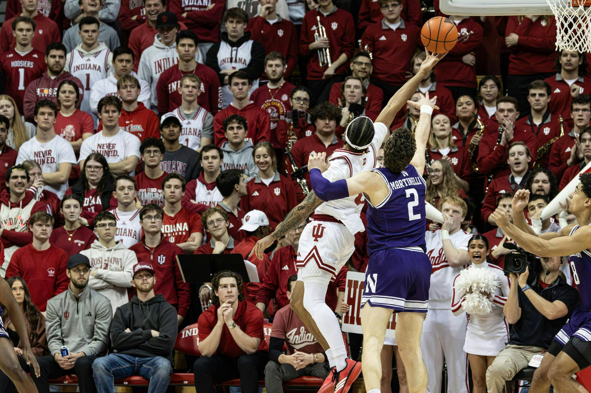 Redshirt senior Tayton Conerway shoots the ball during Indiana’s game against Northwestern on Feb. 24, 2026, at Simon Skjodt Assembly Hall in Bloomington. Conerway scored 14 points for the Hoosiers. 