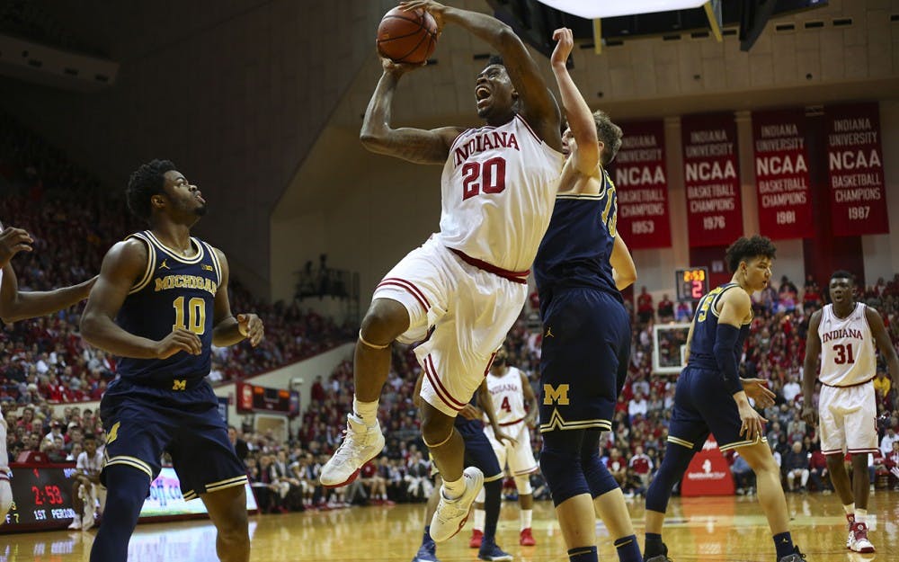 Freshman forward De'Ron Davis hits a layup on the Michigan net. 