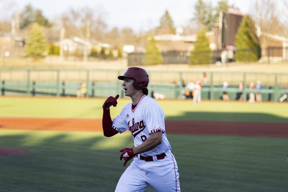 <p>Freshman catcher Brock Tibbitts celebrates as he touches home after hitting a home run against Miami University on March 1, 2022, at Bart Kaufman Field. Indiana beat Missouri State on March 6 10-4 in Springfield, Missouri. </p>