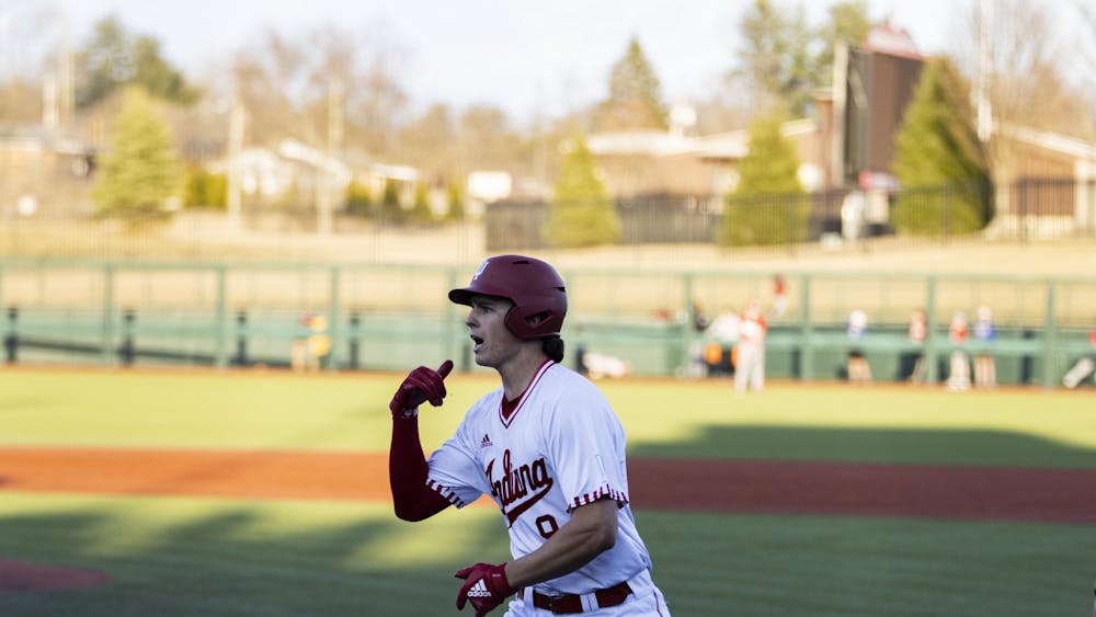 Freshman catcher Brock Tibbitts celebrates as he touches home after hitting a home run against Miami University on March 1, 2022, at Bart Kaufman Field. Indiana beat Missouri State on March 6 10-4 in Springfield, Missouri. 