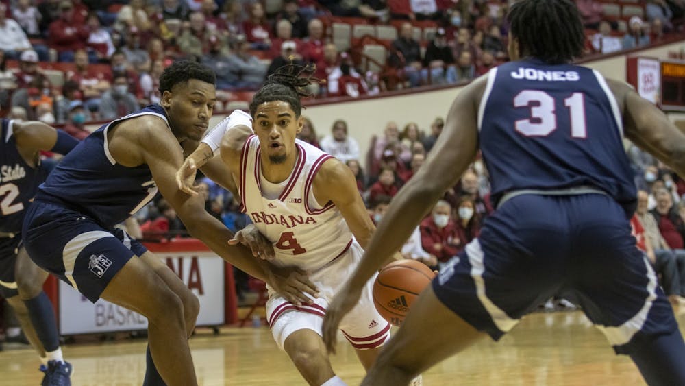 IU sophomore guard Khristian Lander drives into the lane against Jackson State University on Nov. 23, 2021, at Simon Skjodt Assembly Hall. Indiana moves to 5-0 on the season following their 70-35 win over Jackson State Tuesday.