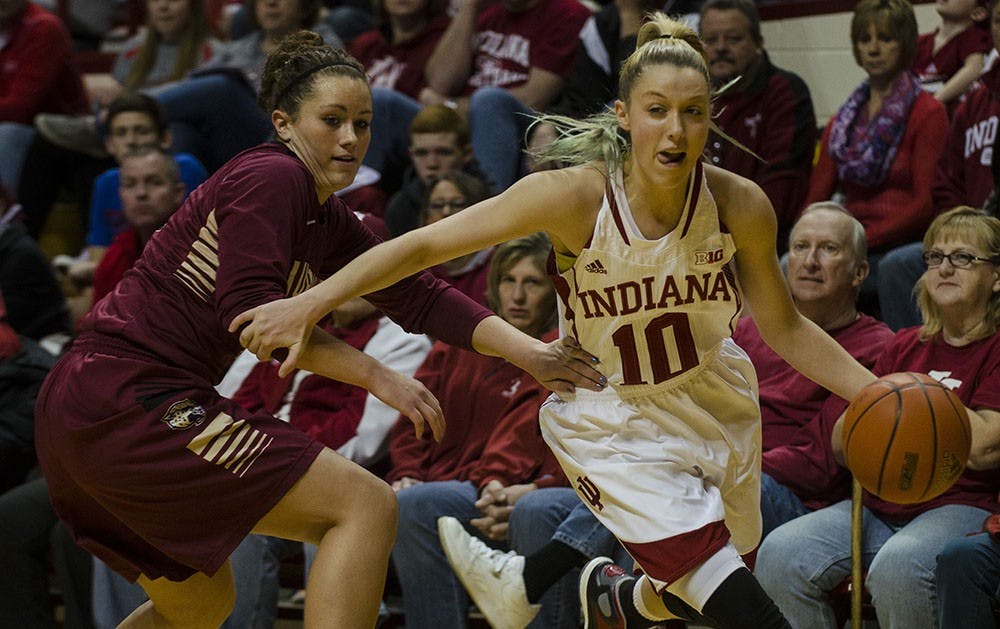 Sophomore guard Taylor Agler dribbles around IUPUI defender Sunday at Assembly Hall. The Hoosiers won 68-55 and will return to Assembly Hall next Wednesday to play Indiana University-Purdue University Fort Wayne (IPFW).