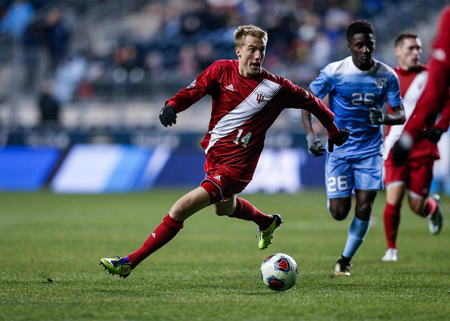 Then-freshman, now sophomore Griffin Dorsey looks to pass the ball to a teammate during the second half of the NCAA semifinal against North Carolina on Dec. 8, 2017 at Talen Energy Stadium in Philadelphia. Dorsey was named to the USA U-20 National Team.&nbsp;
