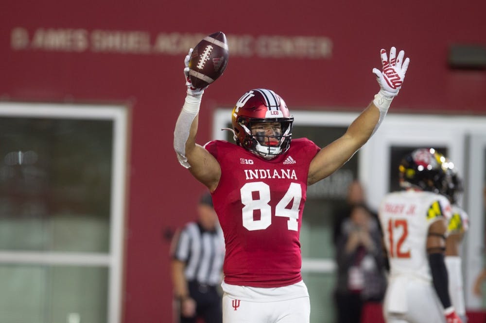 <p>Freshman redshirt Aaron Steinfeldt﻿ celebrates after scoring during the game against Maryland Oct. 15, 2022 at Memorial Stadium. The Hoosiers fell to Maryland 38-33 on Saturday night.﻿</p>