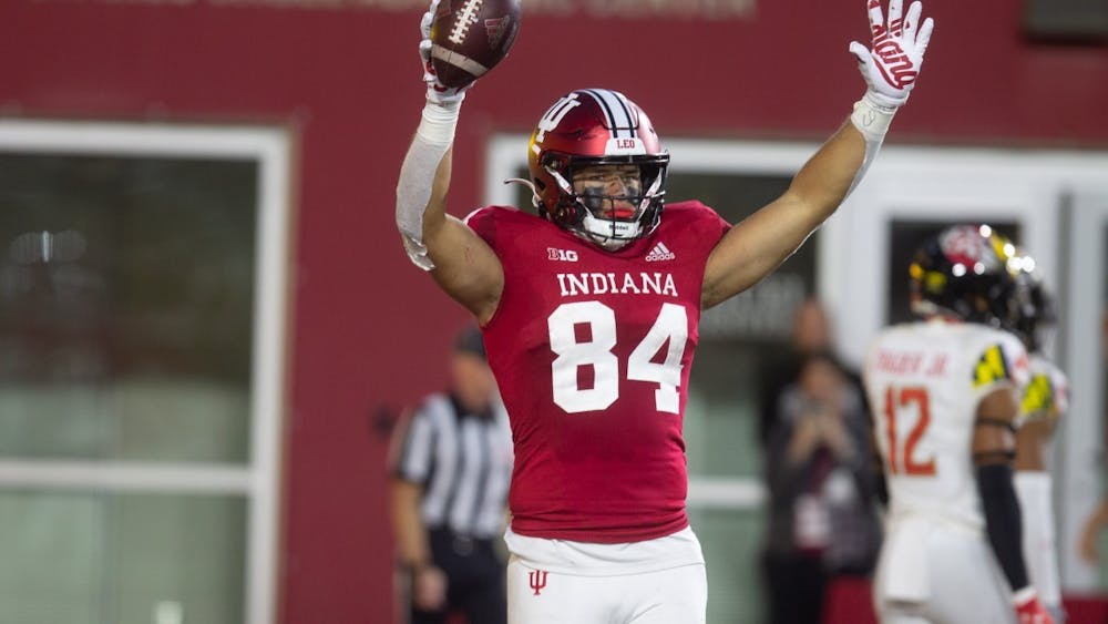 Freshman redshirt Aaron Steinfeldt﻿ celebrates after scoring during the game against Maryland Oct. 15, 2022 at Memorial Stadium. The Hoosiers fell to Maryland 38-33 on Saturday night.﻿