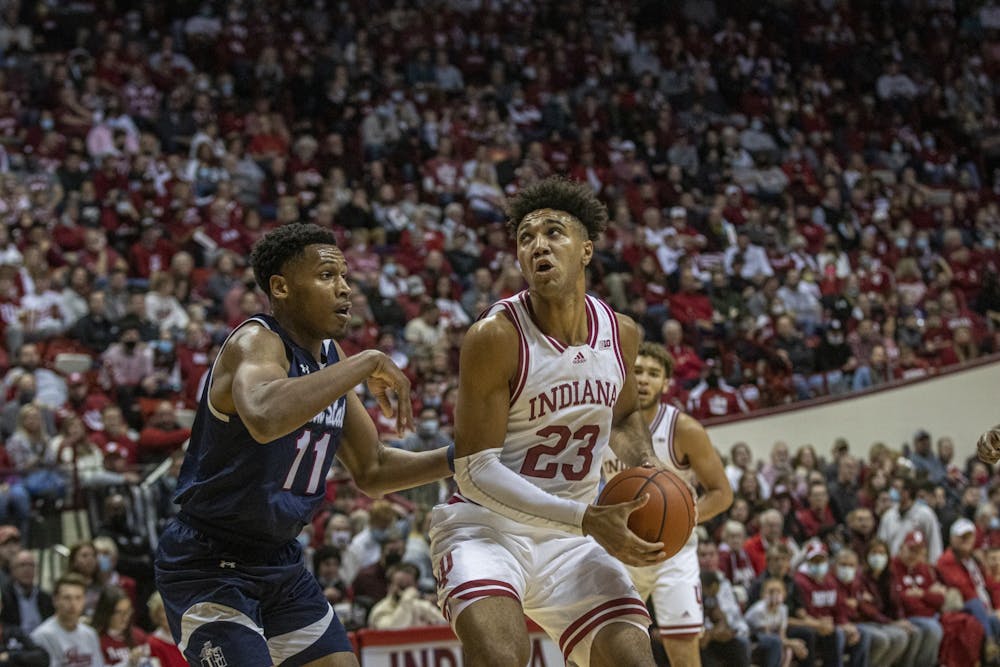 Indiana junior forward Trayce Jackson-Davis makes a move against Jackson State University on Nov. 23, 2021, at Simon Skjodt Assembly Hall. Jackson-Davis made two free throws with under 2 seconds left in regulation to send Tuesday's game against Syracuse into overtime.