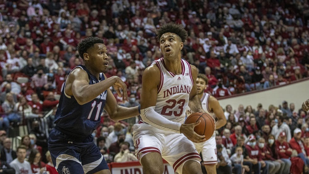 Indiana junior forward Trayce Jackson-Davis makes a move against Jackson State University on Nov. 23, 2021, at Simon Skjodt Assembly Hall. Jackson-Davis made two free throws with under 2 seconds left in regulation to send Tuesday's game against Syracuse into overtime.