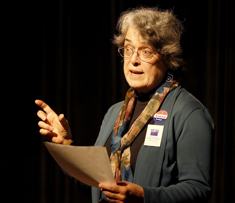 Kate Cruikshank, president of League of Women Voters of Bloomington-Monroe County, speaks before showing "Gerrymandering" Tuesday at the Monroe County Public Library. 