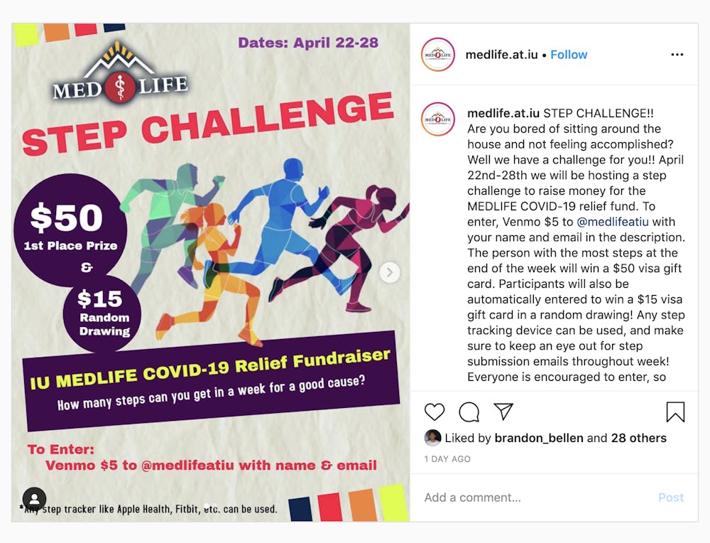 在IU的Instagram页面上，Medlife展示了一个步骤挑战的海报。Medlife正在通过一系列在线活动为COVID-19救援基金筹集资金