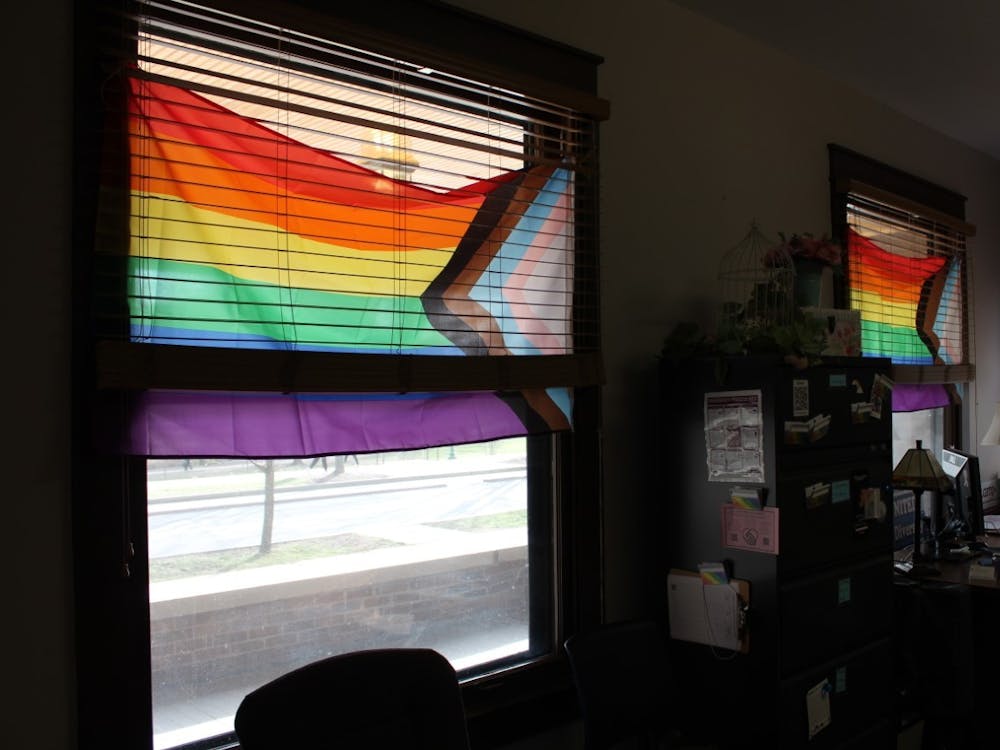 Two rainbow progress flags are seen Feb. 21, 2023 in the LGBTQ+ Culture Center. The Indiana House of Representatives voted 65-30 on March 27, 2023 to pass Senate Bill 480. 