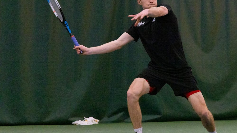 Indiana University junior Jagger Saylor wins his singles match against the University of Southern Indiana on Feb. 12, 2023 at the IU Tennis Center.